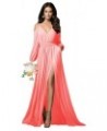 Long Sleeve Bridesmaid Dresses Chiffon V Neck Spaghetti Straps Ruched A-line Prom Dress with Slit Pockets Coral $31.89 Dresses