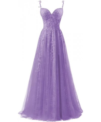 Lace Applique Tulle Prom Dresses for Women Long Spaghetti Straps Formal Evening Party Gown Ball Gown with Slit Dusty Purple $...